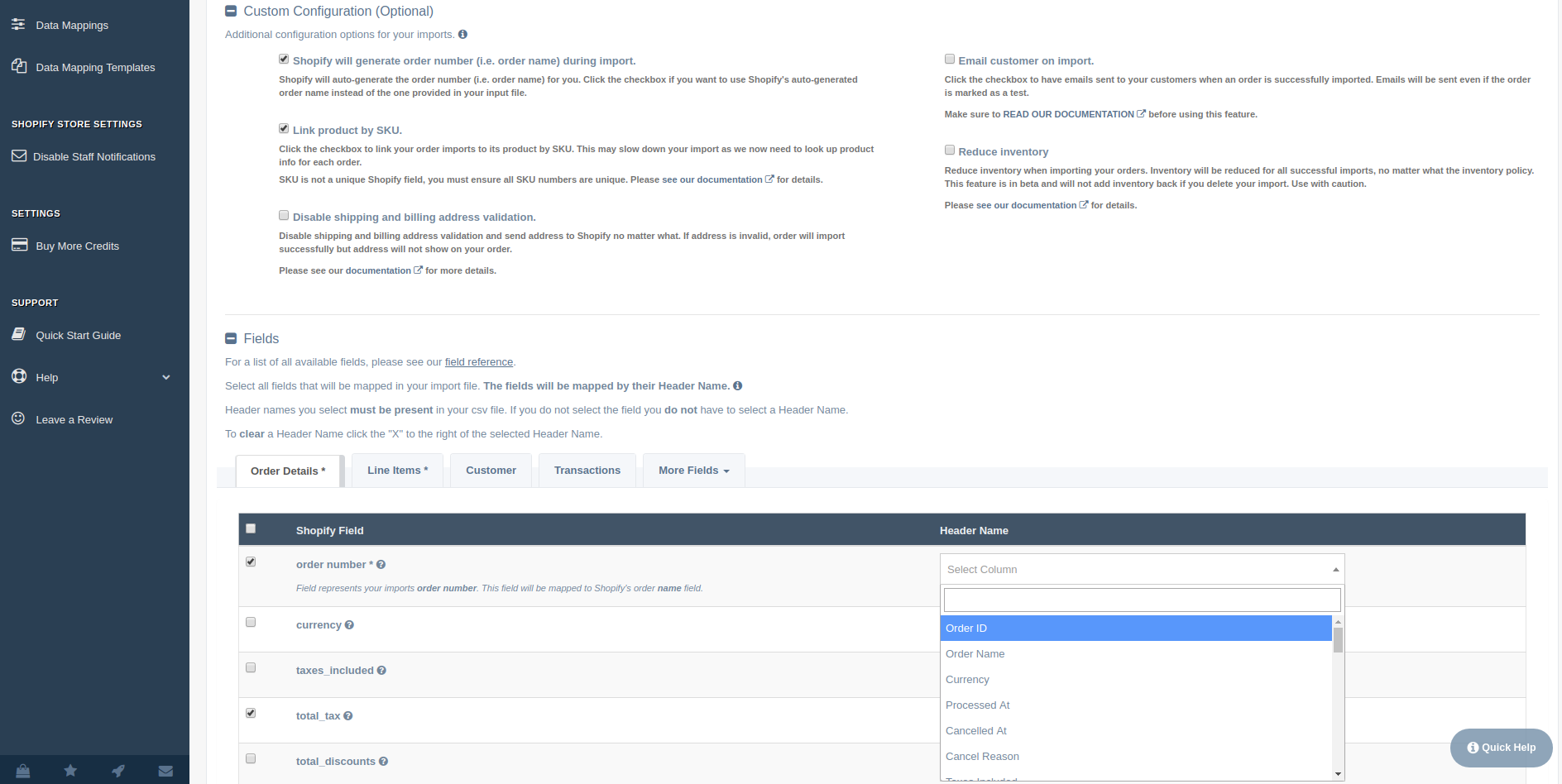 CSV to Shopify field mapping